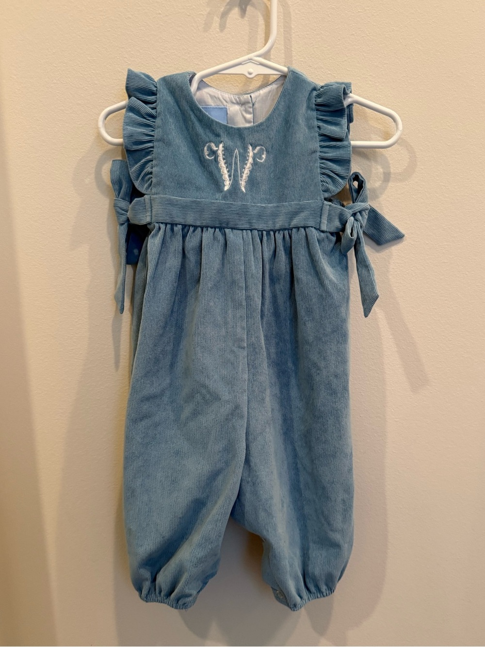 Bella Bliss Blue Corduroy Ruffle Monogram Romper Longall 6M